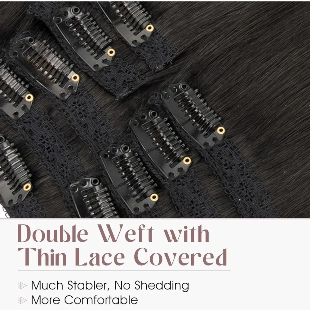 16” Nat‎ Black Clip in Human Hair Extensions Lace Weft Full Head 7pc 110g KL7